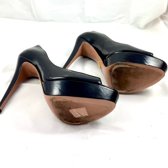 Prada Black Vernice Saffiano Leather Peep Toe Platform Pumps Size 39½ - Picture 8 of 12
